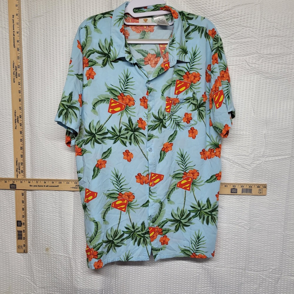 Superman Mens Hawaiian Shirt Blue Tropical Palm Floral Graphic Button Up Large